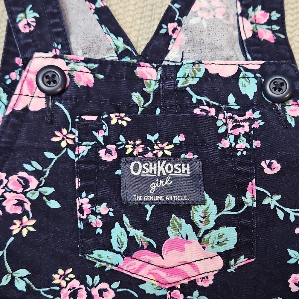 OshKosh B'gosh Girls Floral Overall Dress Jumper 18 Months Vestbak Navy Pink